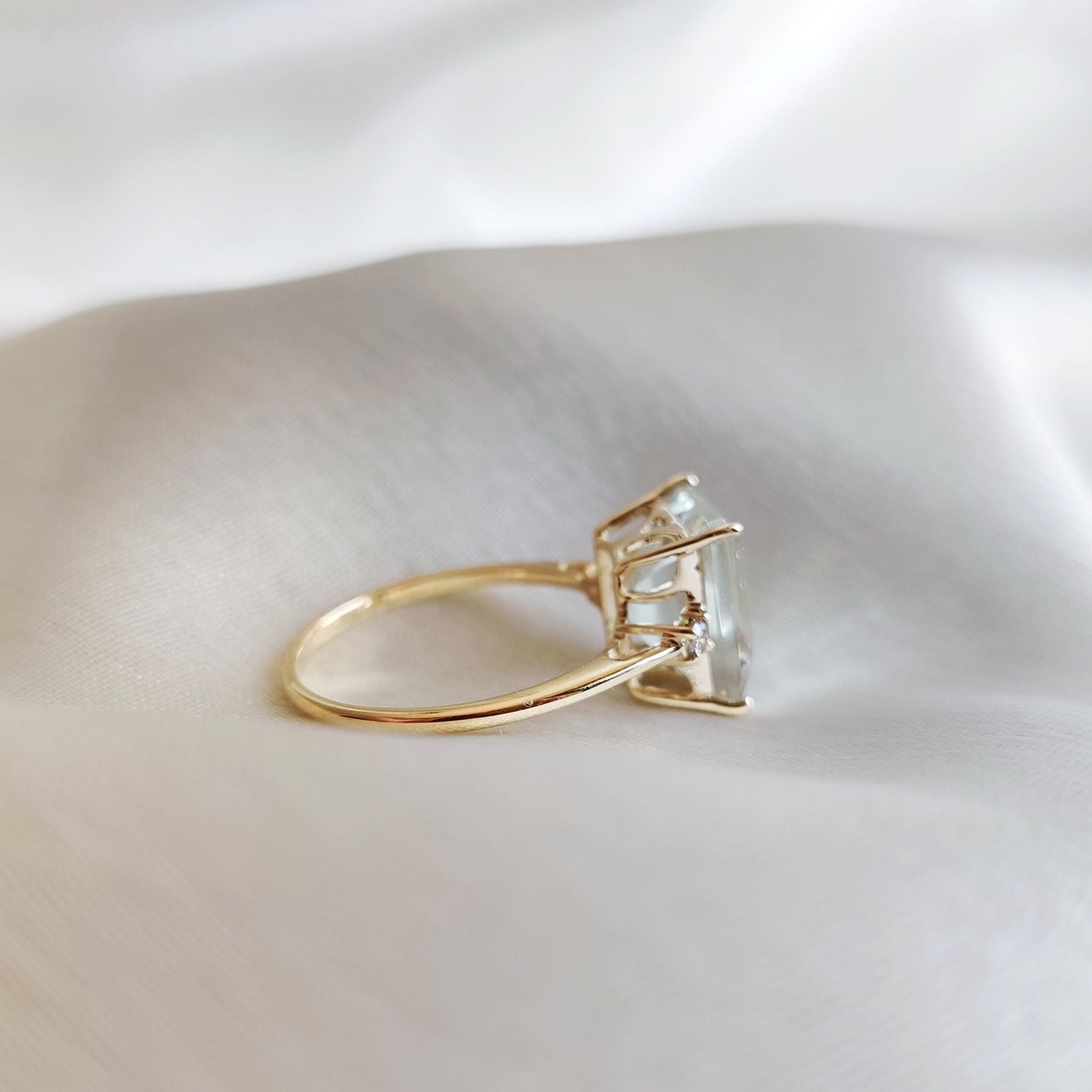 Natural Green Amethyst & Diamond Ring, 14K Solid Yellow Gold Ring, February Birthstone Ring, Dainty Amethyst Ring, Christmas Present