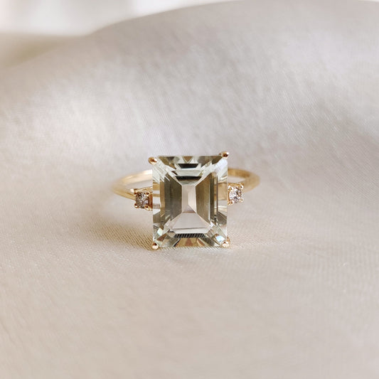 Natural Green Amethyst & Diamond Ring, 14K Solid Yellow Gold Ring, February Birthstone Ring, Dainty Amethyst Ring, Christmas Present