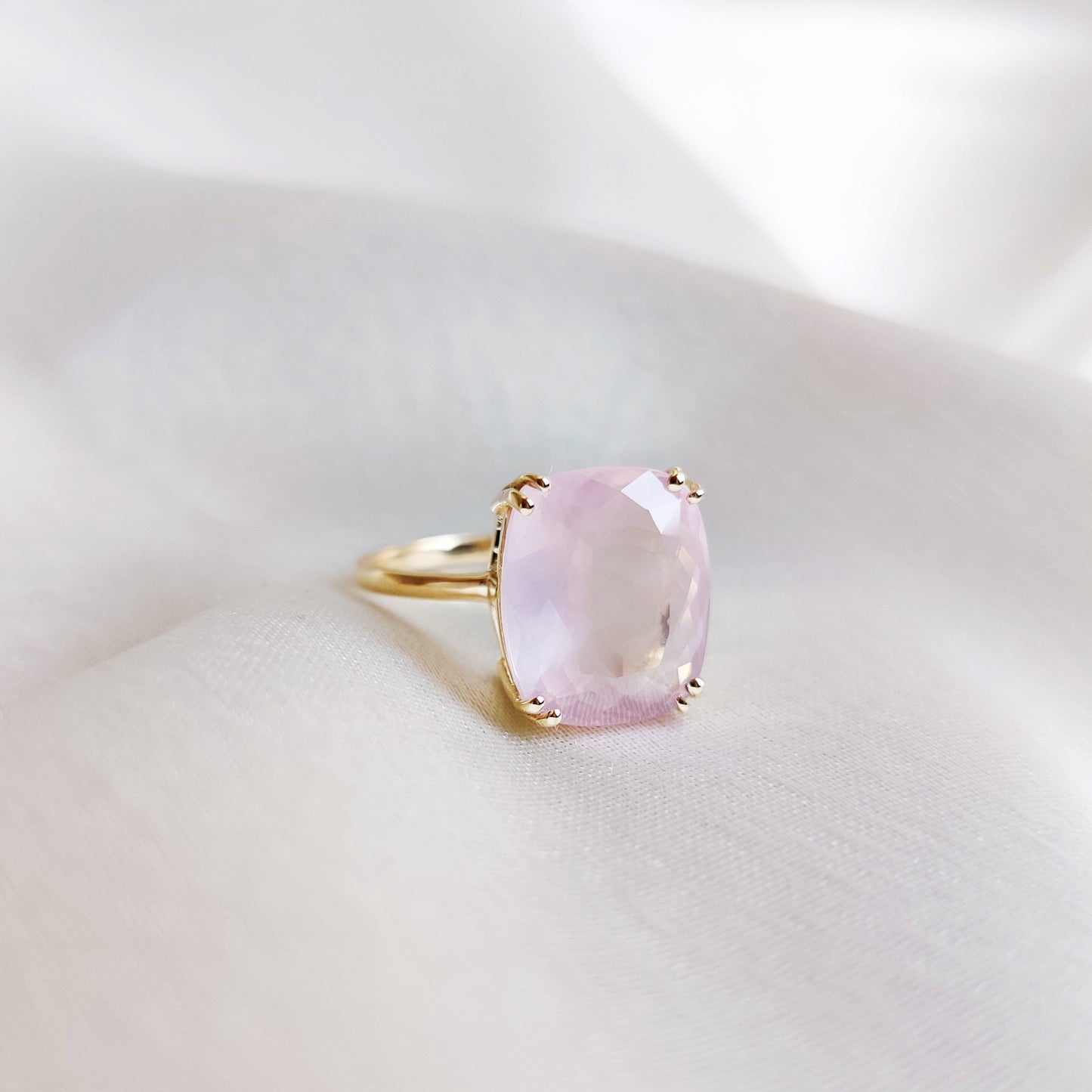 Natural Rose Quartz Ring, 14K Solid Yellow Gold Ring, January Birthstone Ring, Cushion Cut Rose Quartz Ring, Rose Quartz Jewelry