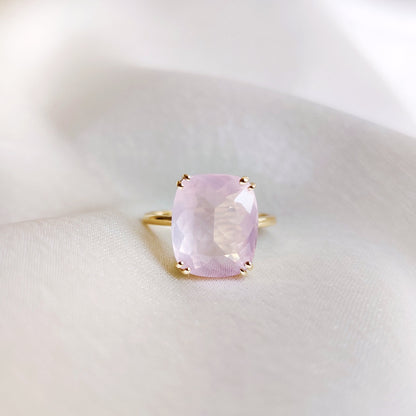 Natural Rose Quartz Ring, 14K Solid Yellow Gold Ring, January Birthstone Ring, Cushion Cut Rose Quartz Ring, Rose Quartz Jewelry