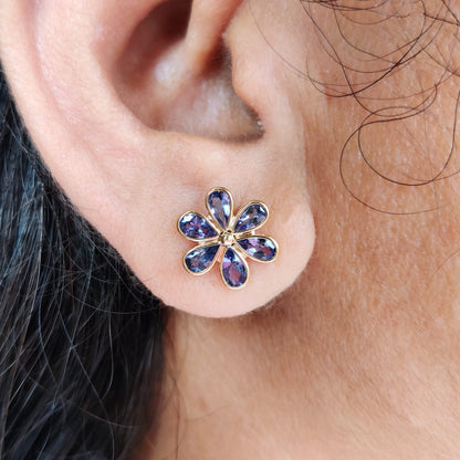 Natural Tanzanite Stud Earrings, Solid Yellow Gold Tanzanite Studs, Tanzanite Flower Earrings, December Birthstone, Dainty Tanzanite Studs