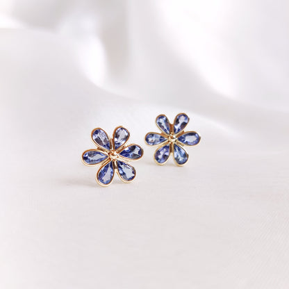 Natural Tanzanite Stud Earrings, Solid Yellow Gold Tanzanite Studs, Tanzanite Flower Earrings, December Birthstone, Dainty Tanzanite Studs