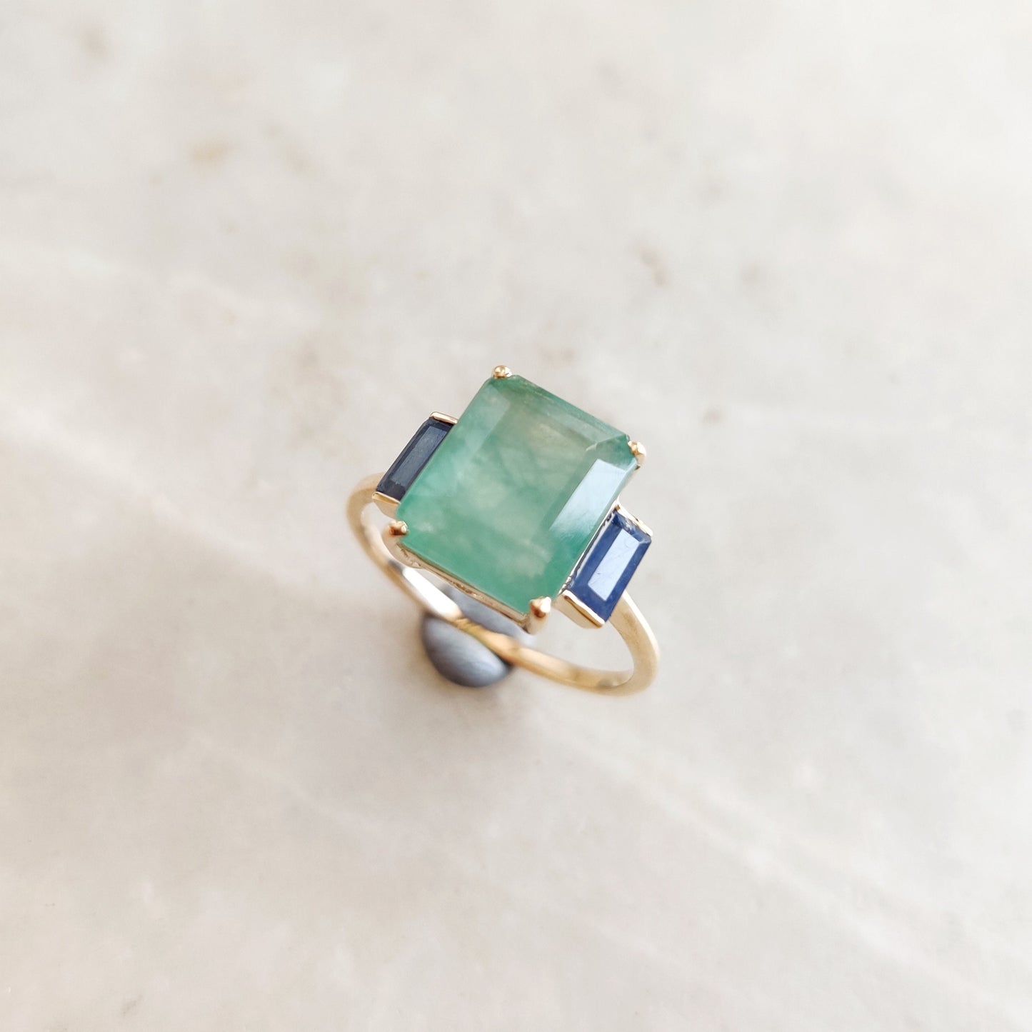 Natural Emerald & Blue Sapphire Ring, 14K Solid Yellow Gold Ring, September May Birthstone, Octagon Emerald Ring, Dainty Sapphire Ring