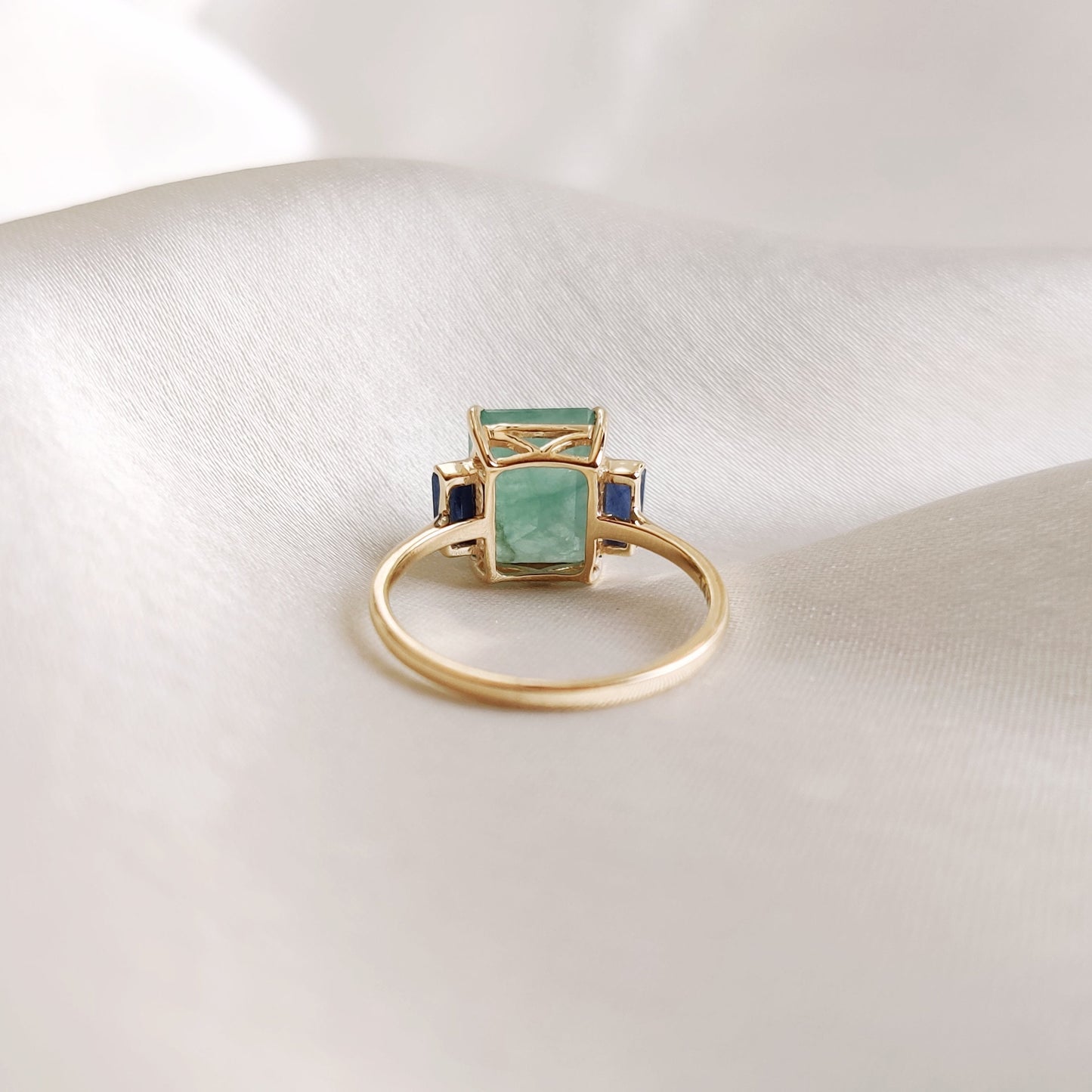 Natural Emerald & Blue Sapphire Ring, 14K Solid Yellow Gold Ring, September May Birthstone, Octagon Emerald Ring, Dainty Sapphire Ring