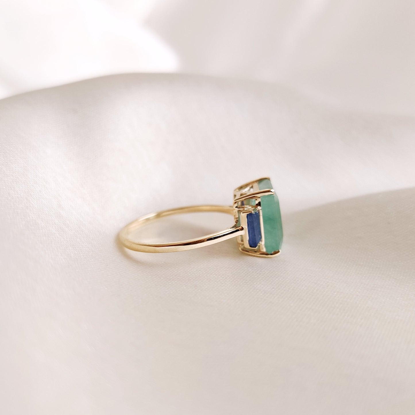 Natural Emerald & Blue Sapphire Ring, 14K Solid Yellow Gold Ring, September May Birthstone, Octagon Emerald Ring, Dainty Sapphire Ring