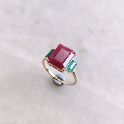 Natural Ruby & Emerald Ring, 14K Solid Yellow Gold Ring, July and May Birthstone Ring, Multi Stone Ring, Dainty Emerald Ring, Christmas Gift