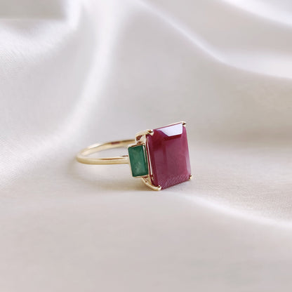 Natural Ruby & Emerald Ring, 14K Solid Yellow Gold Ring, July and May Birthstone Ring, Multi Stone Ring, Dainty Emerald Ring, Christmas Gift