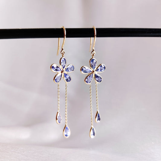 14K Gold Natural Tanzanite Earrings, Solid Gold Tanzanite Earrings, Dainty Tanzanite Flower Danglers, December Birthstone, Christmas Present