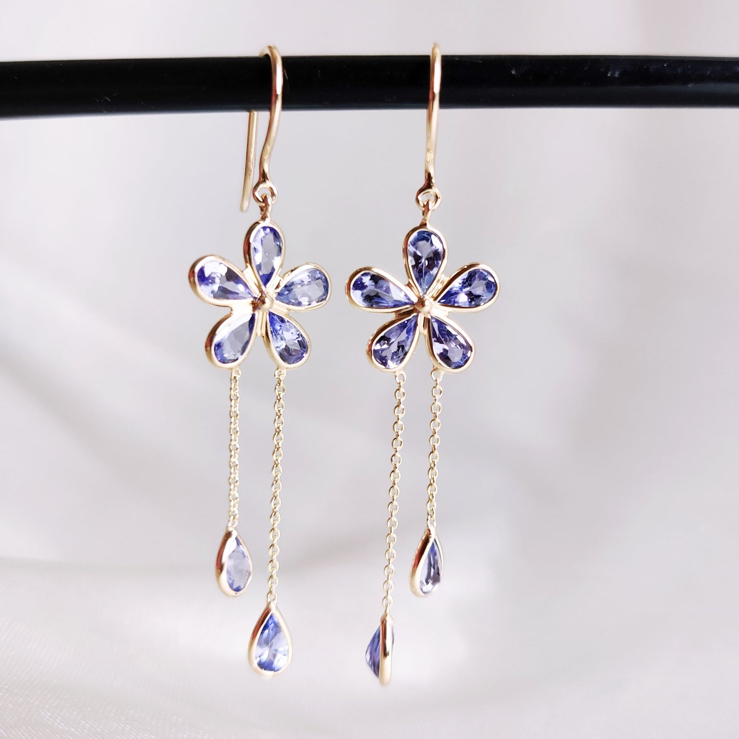 14K Gold Natural Tanzanite Earrings, Solid Gold Tanzanite Earrings, Dainty Tanzanite Flower Danglers, December Birthstone, Christmas Present