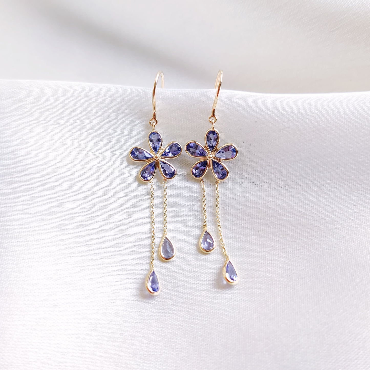 14K Gold Natural Tanzanite Earrings, Solid Gold Tanzanite Earrings, Dainty Tanzanite Flower Danglers, December Birthstone, Christmas Present