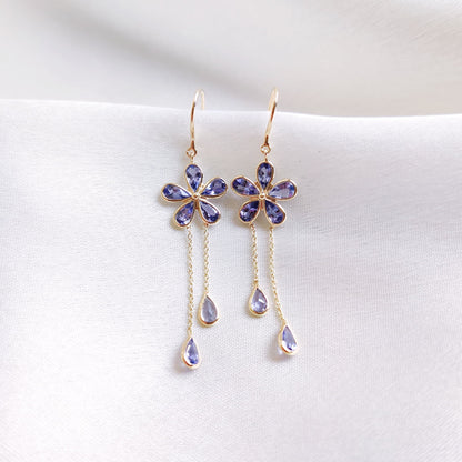 14K Gold Natural Tanzanite Earrings, Solid Gold Tanzanite Earrings, Dainty Tanzanite Flower Danglers, December Birthstone, Christmas Present