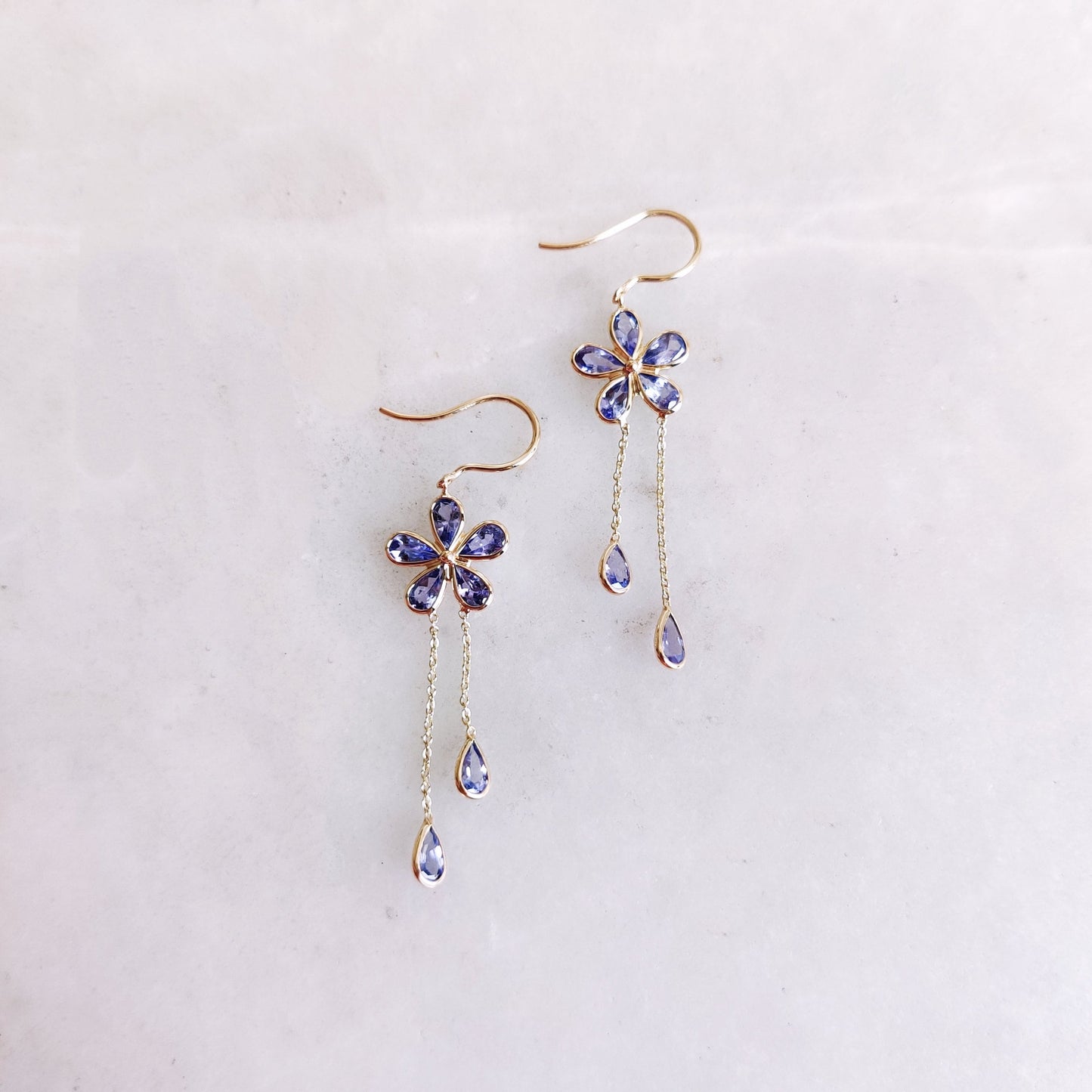 14K Gold Natural Tanzanite Earrings, Solid Gold Tanzanite Earrings, Dainty Tanzanite Flower Danglers, December Birthstone, Christmas Present