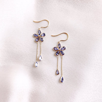 14K Gold Natural Tanzanite Earrings, Solid Gold Tanzanite Earrings, Dainty Tanzanite Flower Danglers, December Birthstone, Christmas Present