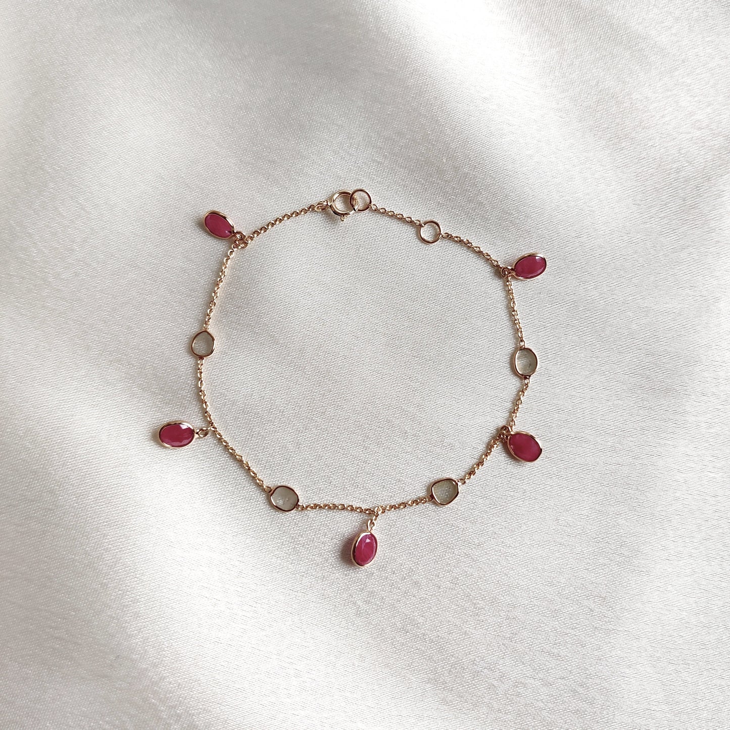 Natural Ruby & Diamond Polki Bracelet, 14K Solid Yellow Gold Diamond Slice Bracelet, Dainty Ruby Bracelet,April and July Birthstone Bracelet