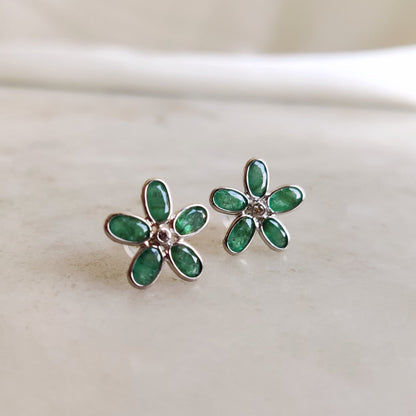 Natural Emerald & Diamond Studs Earring,  Solid White Gold Earrings, Dainty Emerald Flower Studs, May Birthstone Studs, Christmas Present