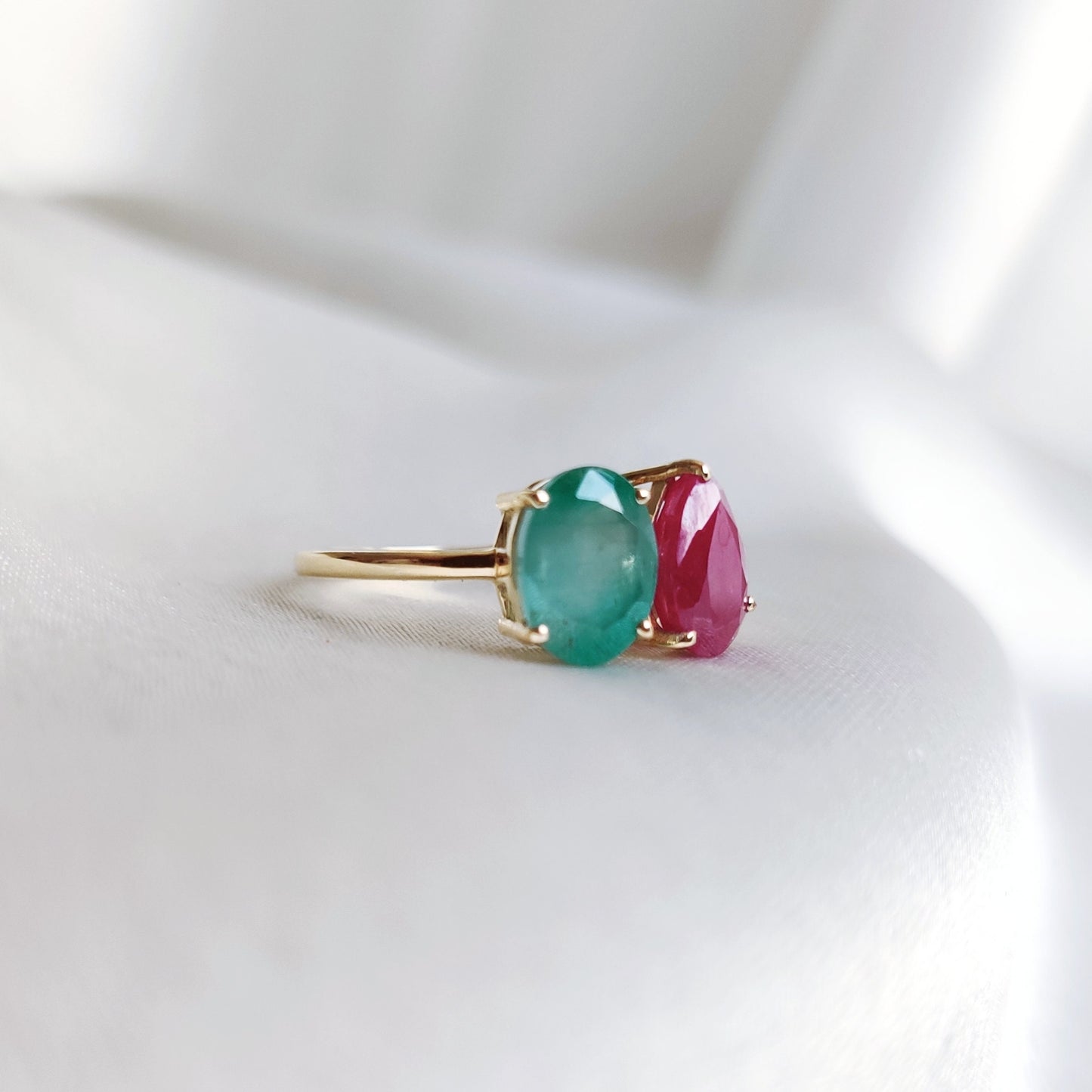 Natural Ruby & Emerald Ring, 14K Solid Yellow Gold Emerald and Ruby Ring, July May Birthstone Ring, Multi Stone Ring, Dainty Engagement Ring