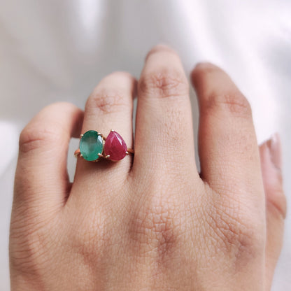 Natural Ruby & Emerald Ring, 14K Solid Yellow Gold Emerald and Ruby Ring, July May Birthstone Ring, Multi Stone Ring, Dainty Engagement Ring