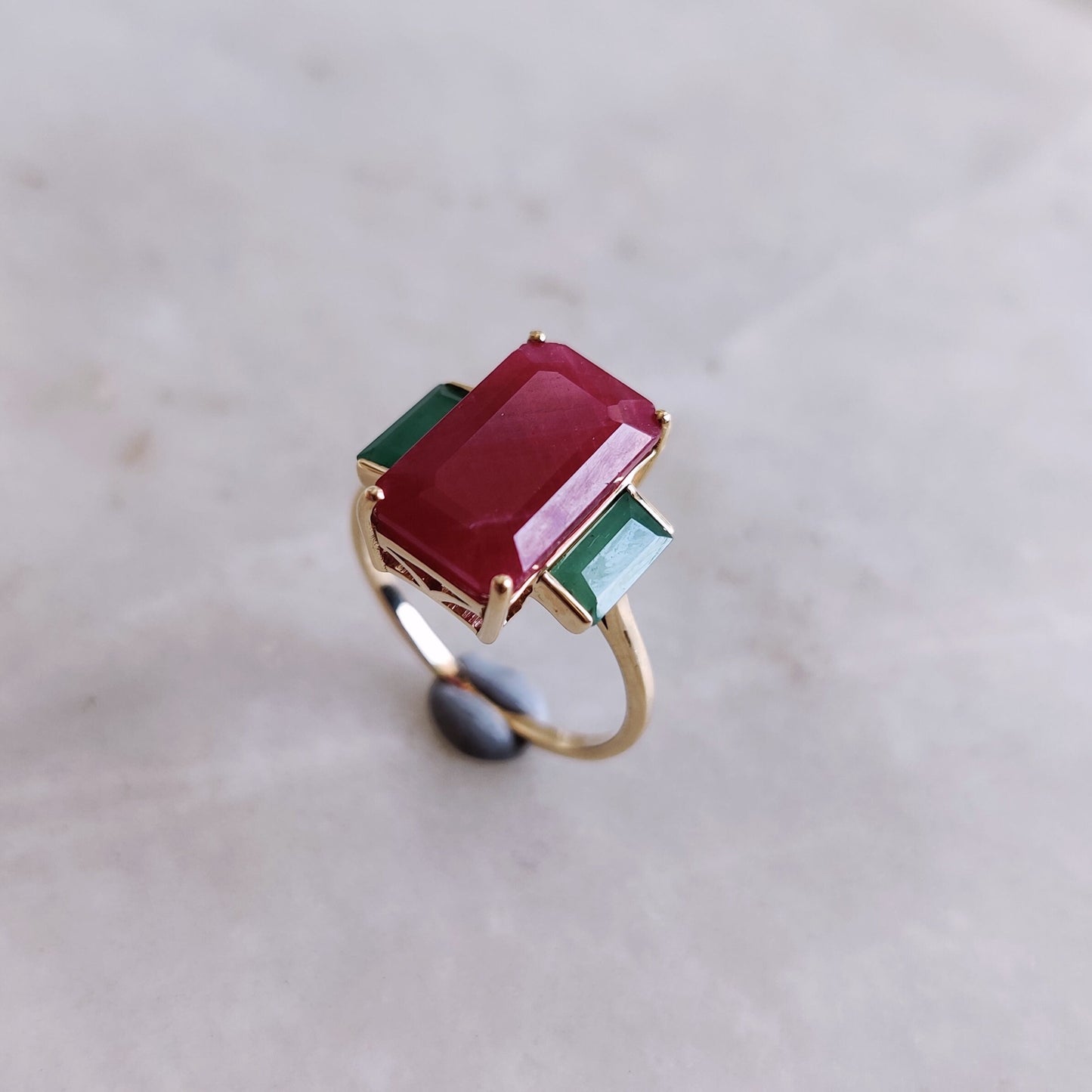 Natural Ruby & Emerald Ring, 14K Solid Yellow Gold Ring, July and May Birthstone Ring, Multi Stone Octagon Ring, Christmas Present