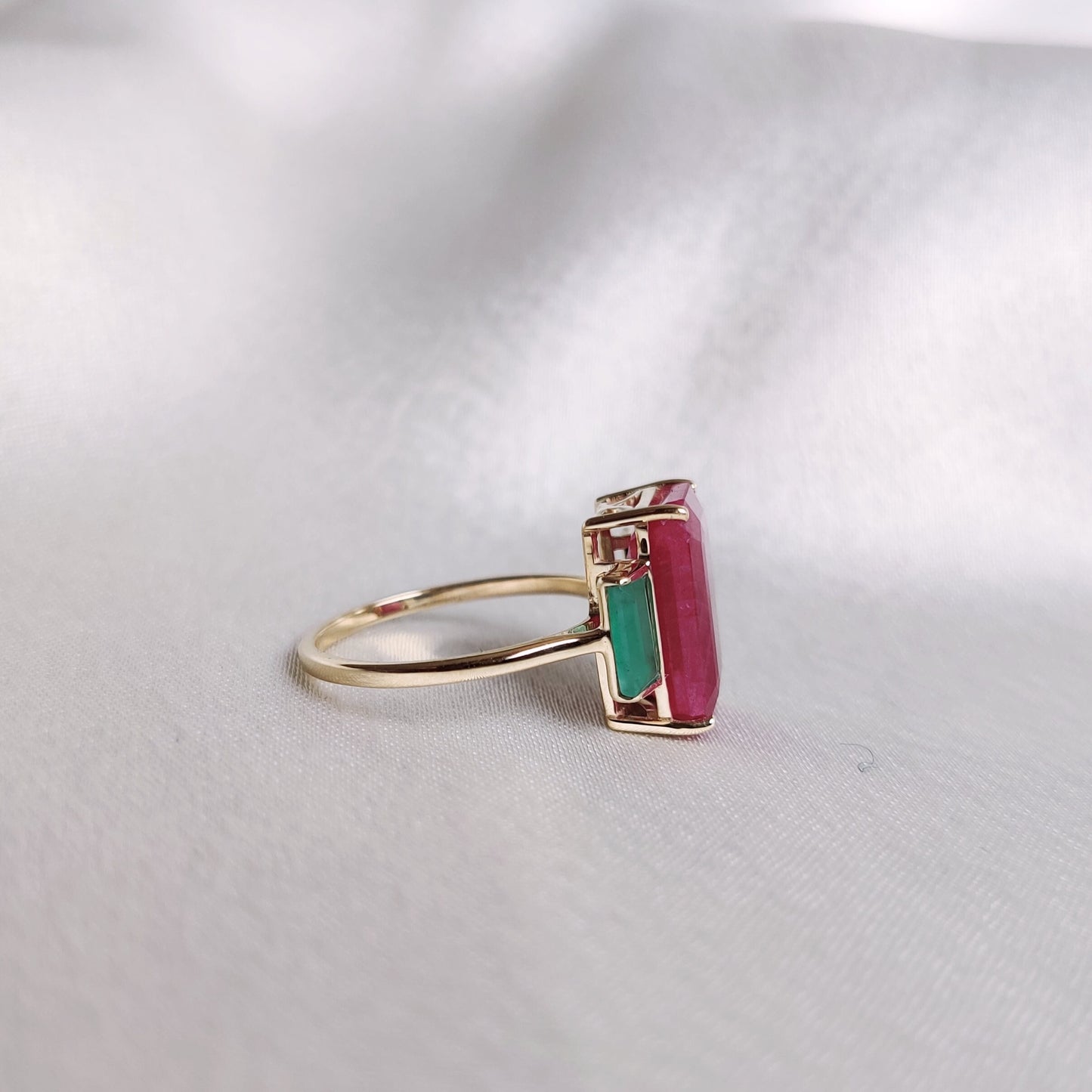 Natural Ruby & Emerald Ring, 14K Solid Yellow Gold Ring, July and May Birthstone Ring, Multi Stone Octagon Ring, Christmas Present