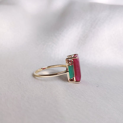 Natural Ruby & Emerald Ring, 14K Solid Yellow Gold Ring, July and May Birthstone Ring, Multi Stone Octagon Ring, Christmas Present