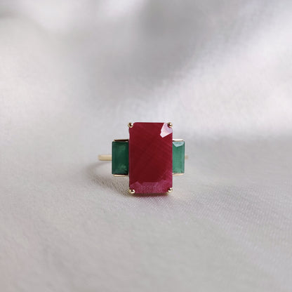 Natural Ruby & Emerald Ring, 14K Solid Yellow Gold Ring, July and May Birthstone Ring, Multi Stone Octagon Ring, Christmas Present