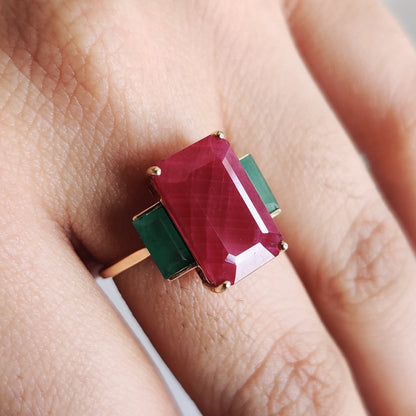 Natural Ruby & Emerald Ring, 14K Solid Yellow Gold Ring, July and May Birthstone Ring, Multi Stone Octagon Ring, Christmas Present