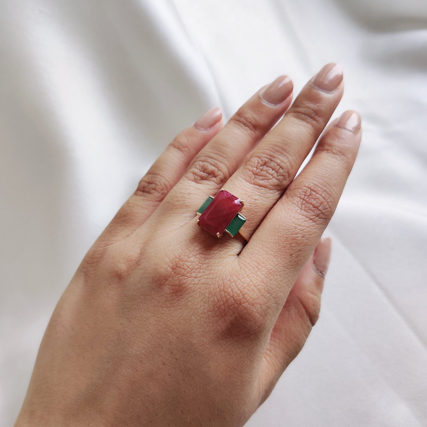 Natural Ruby & Emerald Ring, 14K Solid Yellow Gold Ring, July and May Birthstone Ring, Multi Stone Octagon Ring, Christmas Present