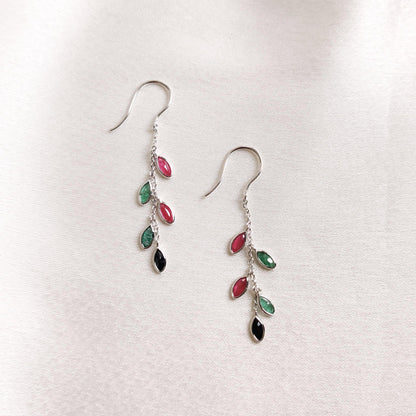 14K Gold Natural Ruby, Emerald & Sapphire Earrings, Solid White Gold Dangler, July May September Birthstone, Dainty Gemstone Earrings