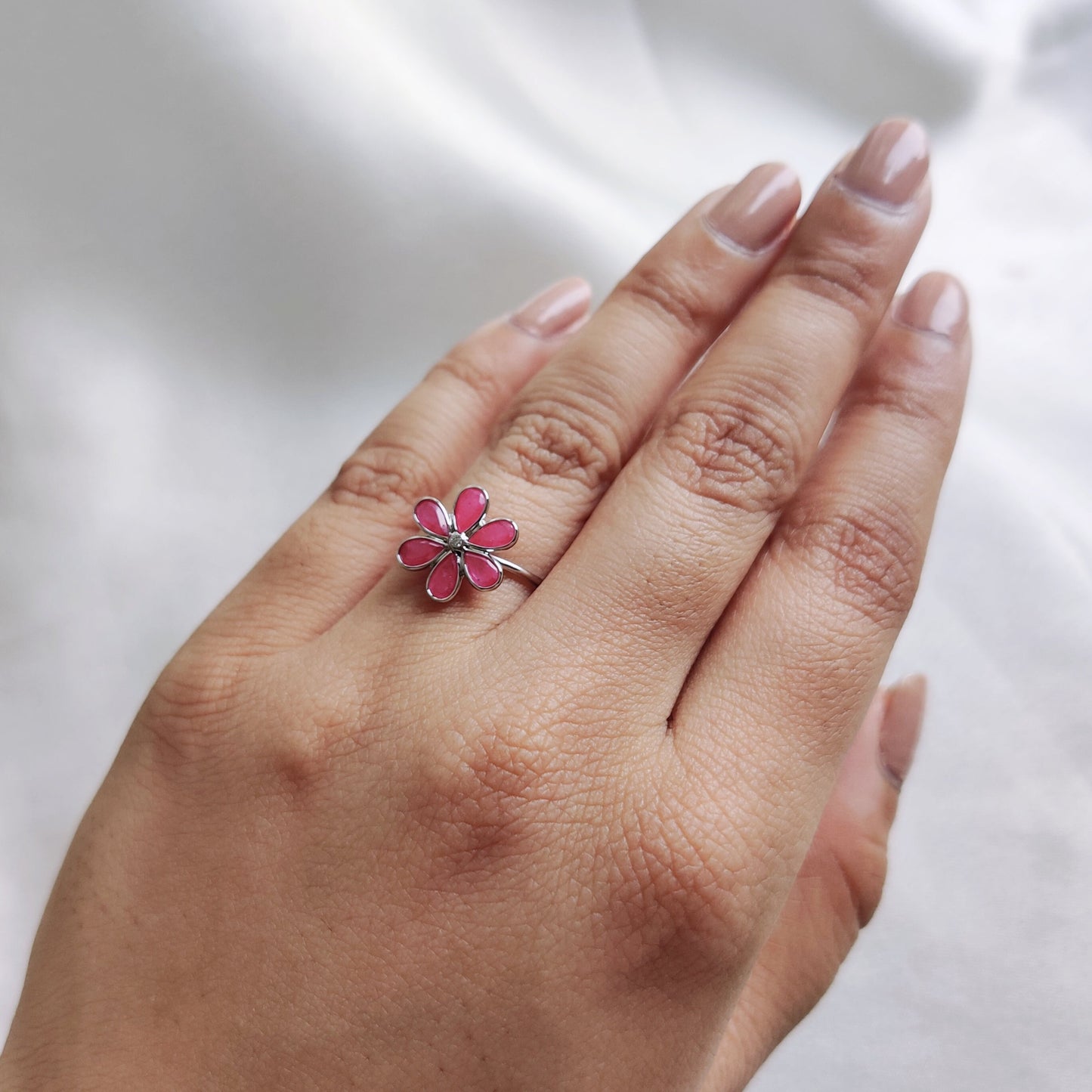 Natural Ruby Ring, 14K Solid White Gold Ruby & Diamond Ring, Bezel Flower Ring, July Birthstone, White Gold Jewelry, Dainty Ruby Ring