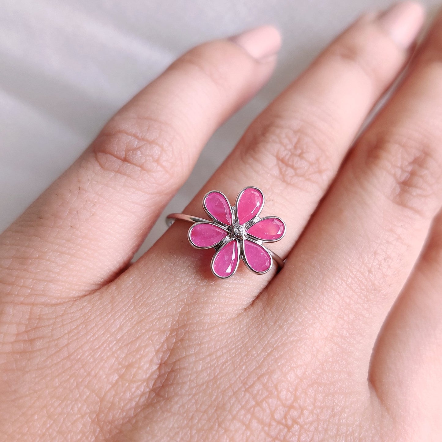 Natural Ruby Ring, 14K Solid White Gold Ruby & Diamond Ring, Bezel Flower Ring, July Birthstone, White Gold Jewelry, Dainty Ruby Ring