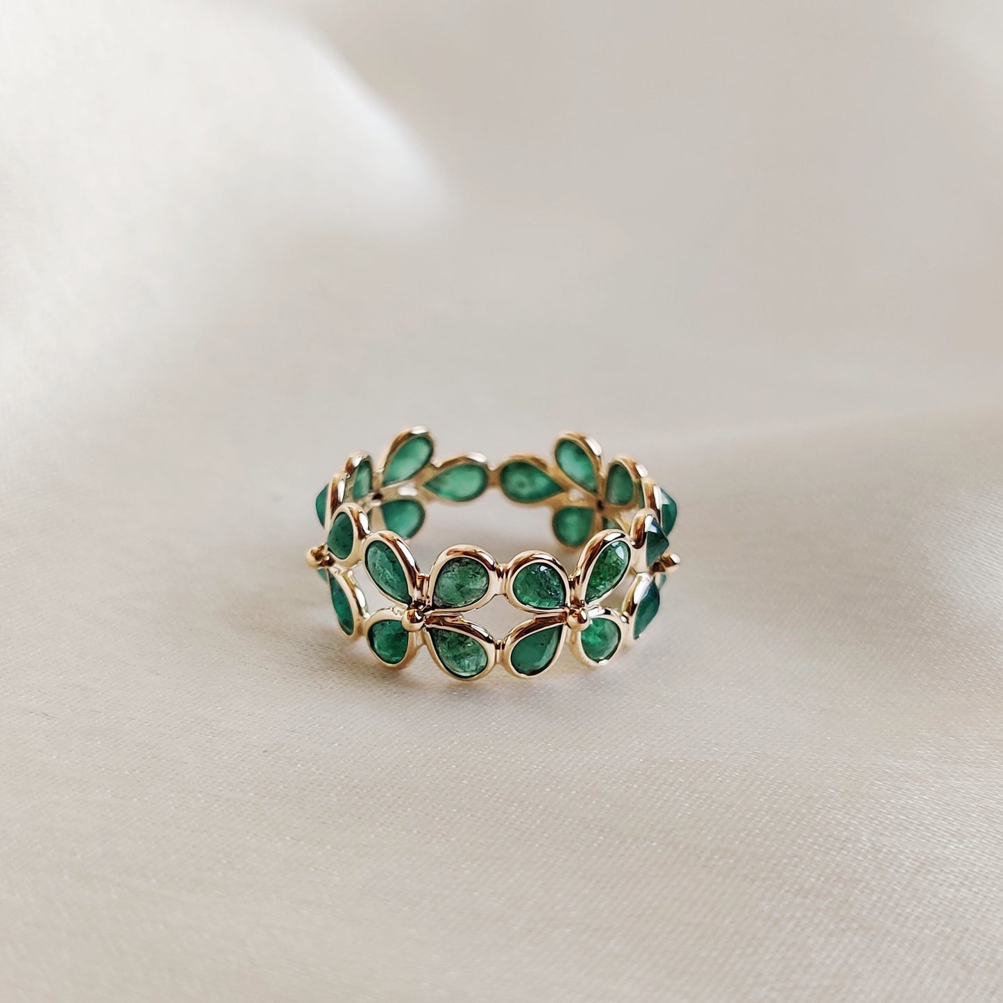 Natural Emerald Ring, 14K Solid Yellow Gold Emerald Ring, May Birthstone Ring, Emerald Bezel Ring, Floral Infinity Ring, Christmas Gift