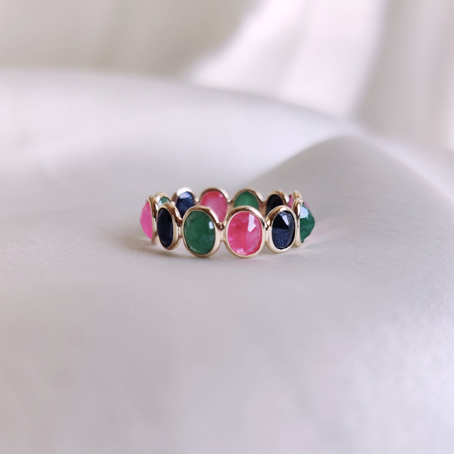 Natural Ruby, Emerald & Blue Sapphire Ring, 14K Solid Yellow Gold Ring, Precious Gemstone Bezel Eternity Ring, Dainty Multi Stone Ring