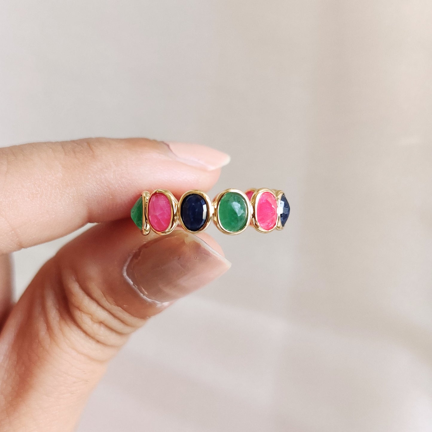 Natural Ruby, Emerald & Blue Sapphire Ring, 14K Solid Yellow Gold Ring, Precious Gemstone Bezel Eternity Ring, Dainty Multi Stone Ring