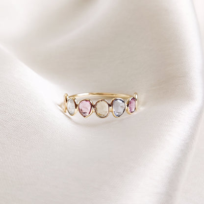 Natural Multi Sapphire Ring, 14K Solid Yellow Gold Sapphire Ring, Bezel Ring, Half Eternity Infinity Ring, September Birthstone Ring