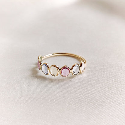 Natural Multi Sapphire Ring, 14K Solid Yellow Gold Sapphire Ring, Bezel Ring, Half Eternity Infinity Ring, September Birthstone Ring