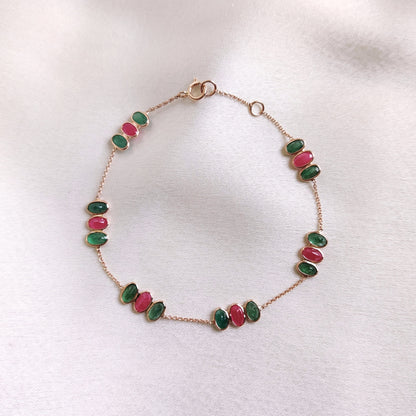 Natural Ruby & Emerald Bracelet, 14K Solid Yellow Gold Bracelet, Dainty Ruby Bracelet, May and July Birthstone Bracelet, Christmas Present