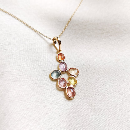 Natural Multi Sapphire Pendant, 14K Solid Yellow Gold Multi Sapphire Necklace, Sapphire Pendant, September Birthstone Pendant,Christmas Gift