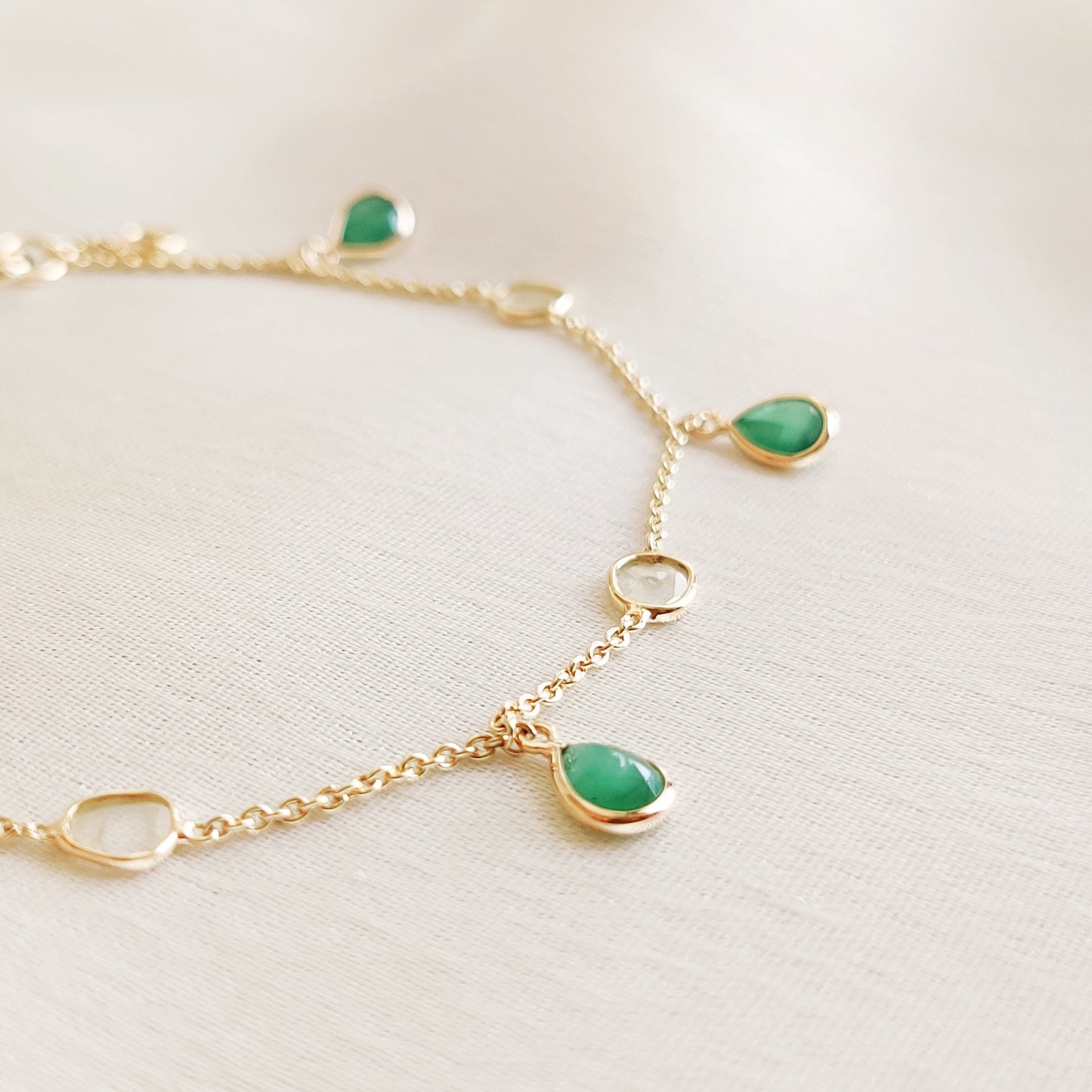 Natural Emerald & Diamond Polki Bracelet, 14K Solid Yellow Gold Diamond Slice Bracelet, Dainty Emerald Gold Bracelet,May Birthstone Bracelet