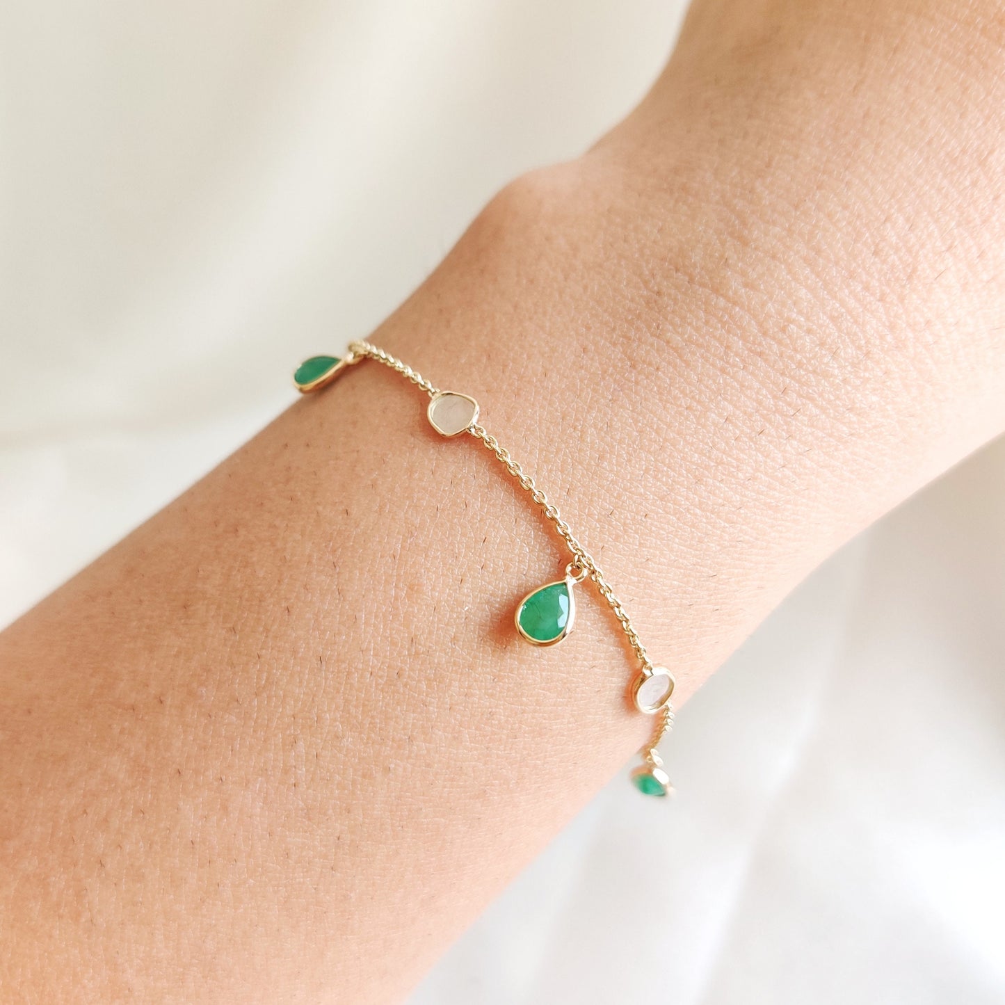 Natural Emerald & Diamond Polki Bracelet, 14K Solid Yellow Gold Diamond Slice Bracelet, Dainty Emerald Gold Bracelet,May Birthstone Bracelet