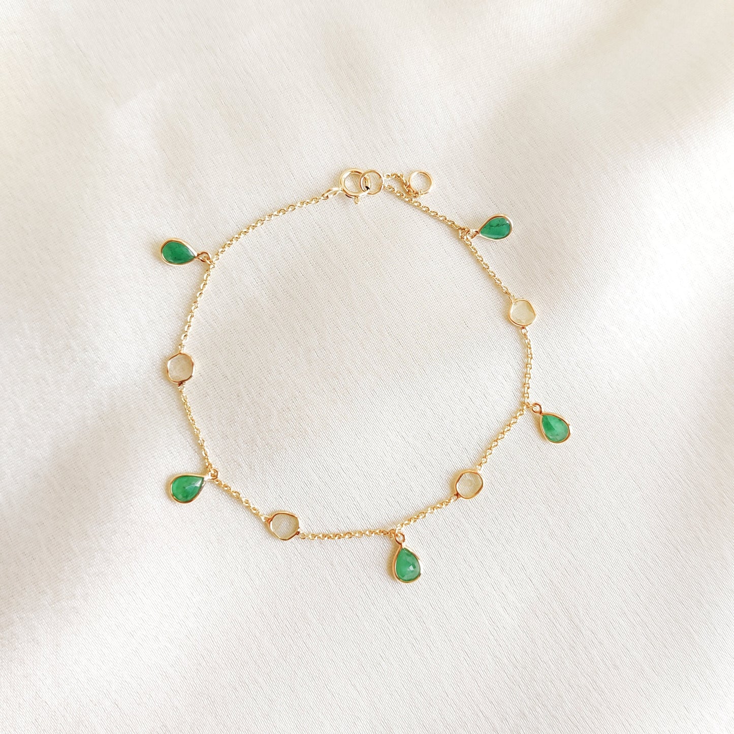 Natural Emerald & Diamond Polki Bracelet, 14K Solid Yellow Gold Diamond Slice Bracelet, Dainty Emerald Gold Bracelet,May Birthstone Bracelet