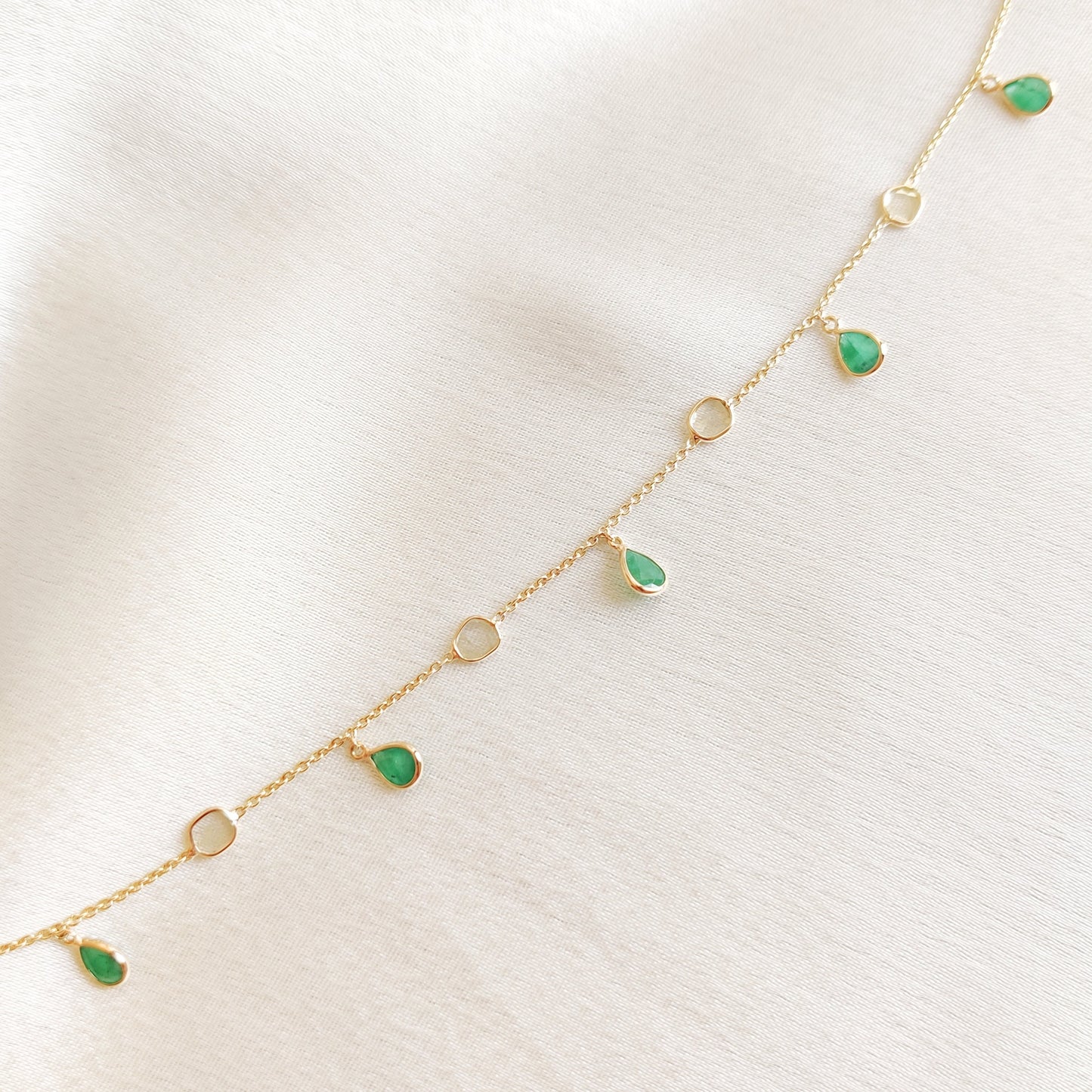 Natural Emerald & Diamond Polki Bracelet, 14K Solid Yellow Gold Diamond Slice Bracelet, Dainty Emerald Gold Bracelet,May Birthstone Bracelet