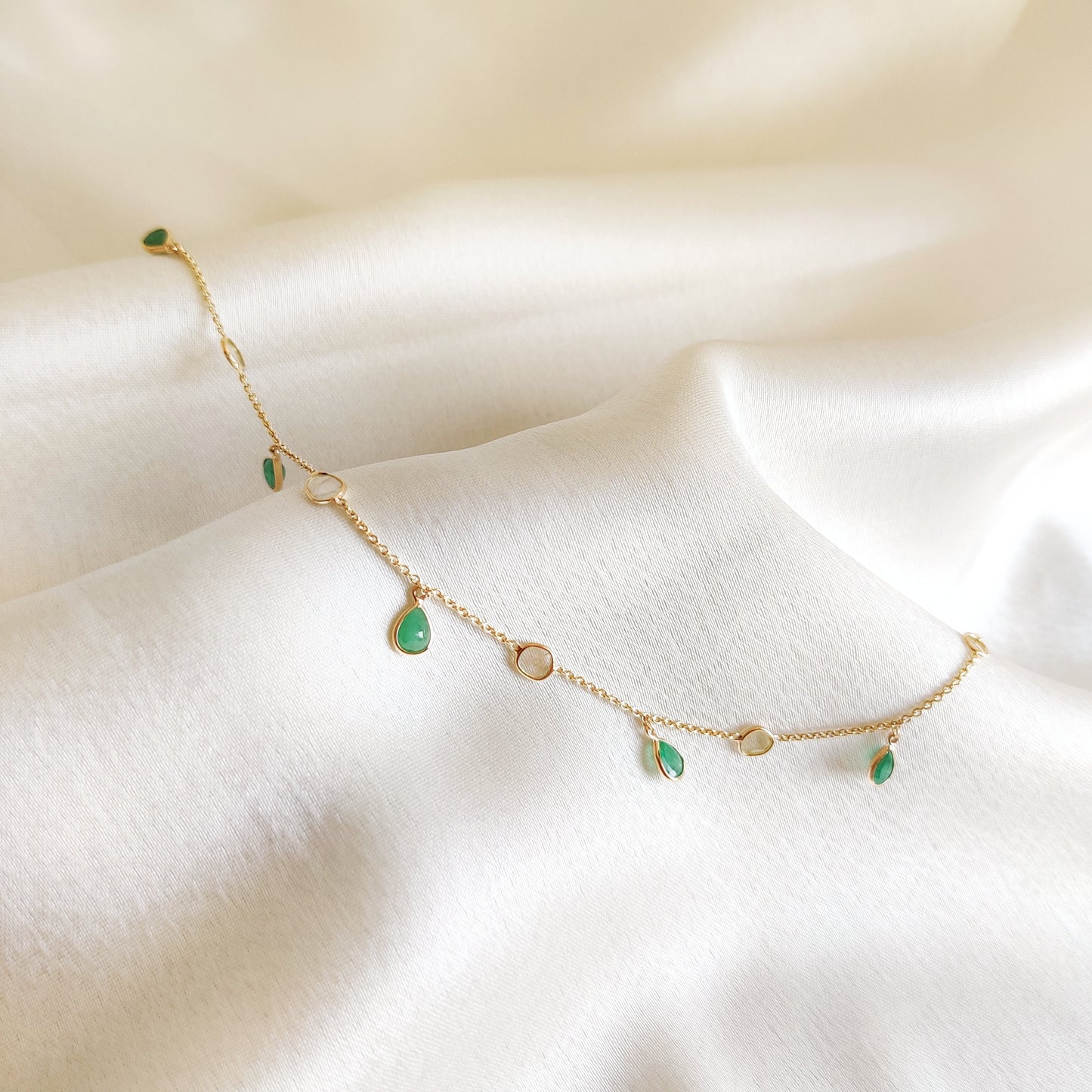 Natural Emerald & Diamond Polki Bracelet, 14K Solid Yellow Gold Diamond Slice Bracelet, Dainty Emerald Gold Bracelet,May Birthstone Bracelet