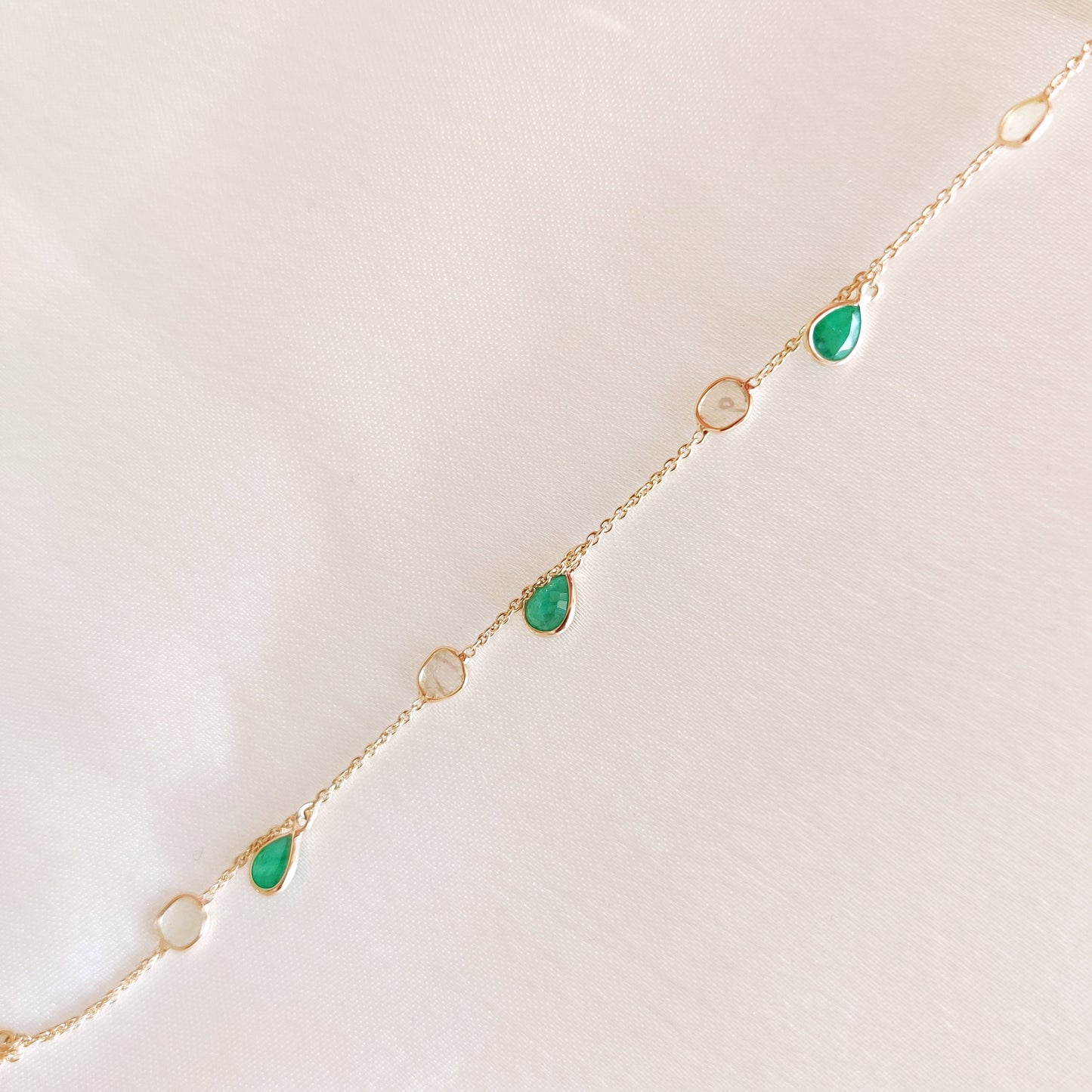 Natural Emerald & Diamond Polki Bracelet, 14K Solid Yellow Gold Diamond Slice Bracelet, Dainty Emerald Gold Bracelet,May Birthstone Bracelet