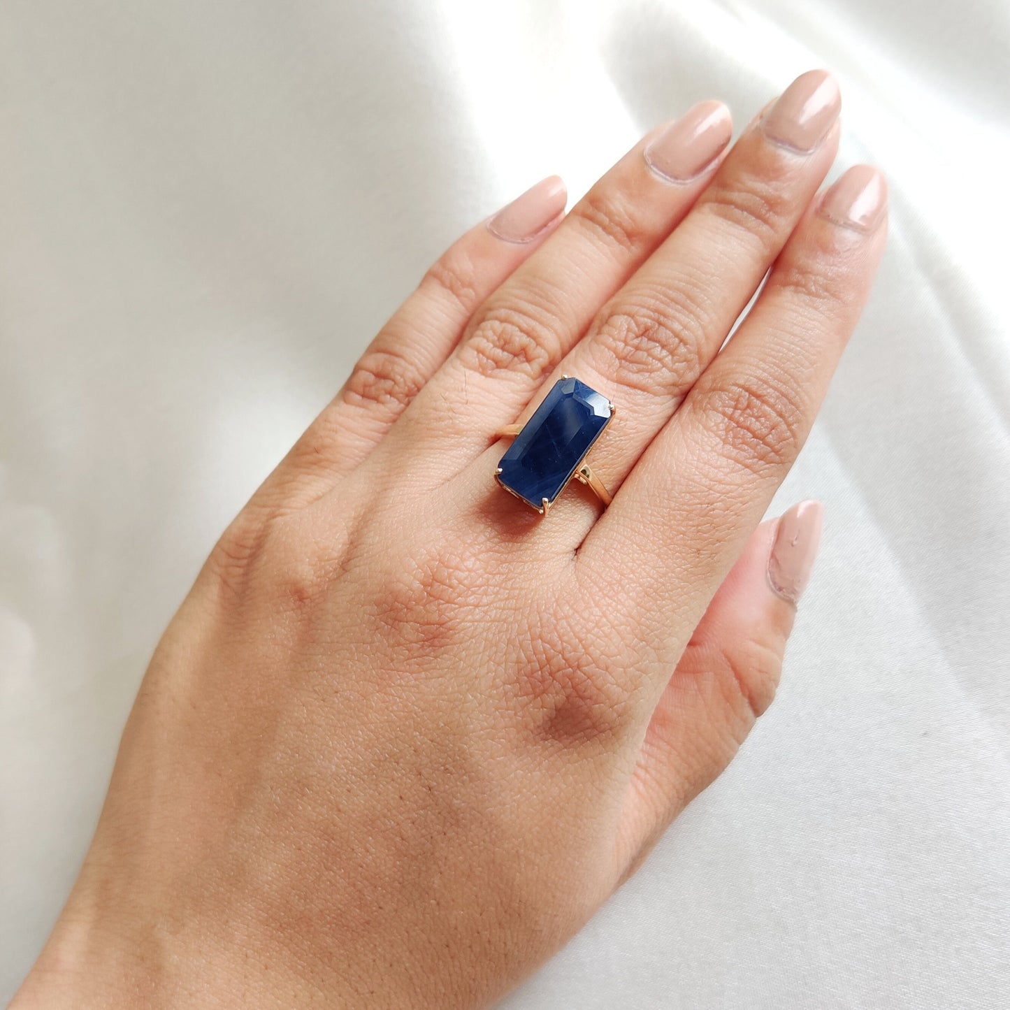 Natural Blue Sapphire Ring, 14K Solid Yellow Gold Blue Sapphire Ring, September Birthstone Ring, Emerald Cut Saphhire Ring, Christmas Gift