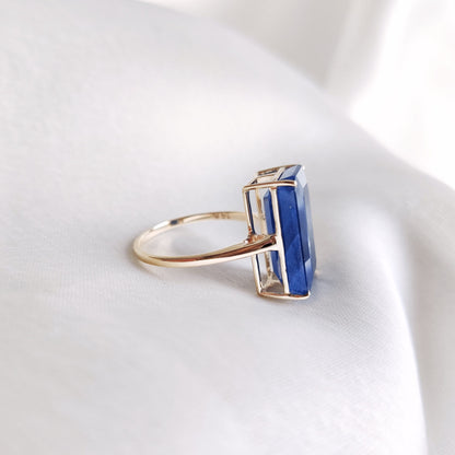 Natural Blue Sapphire Ring, 14K Solid Yellow Gold Blue Sapphire Ring, September Birthstone Ring, Emerald Cut Saphhire Ring, Christmas Gift