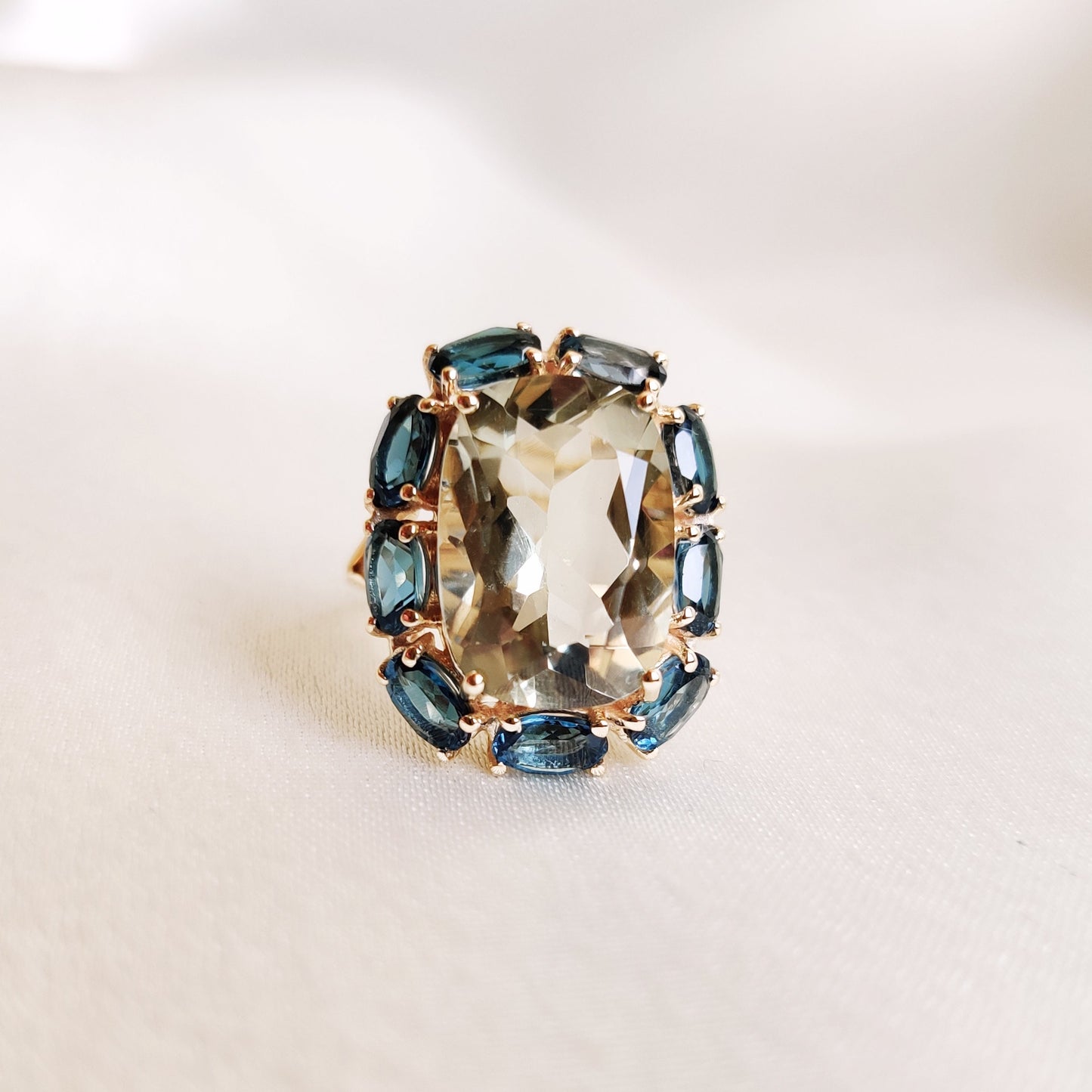 Natural Green Amethyst and London Blue Topaz Ring, 14K Solid Yellow Gold Ring, February and November Birthstone, Christmas Present