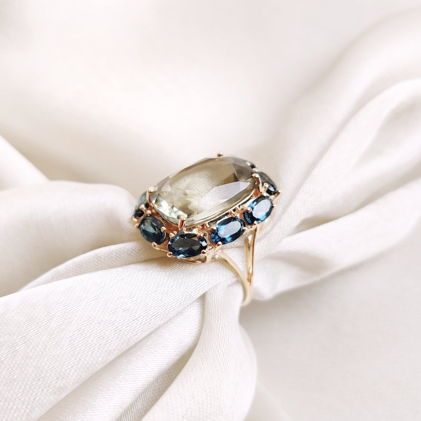 Natural Green Amethyst and London Blue Topaz Ring, 14K Solid Yellow Gold Ring, February and November Birthstone, Christmas Present