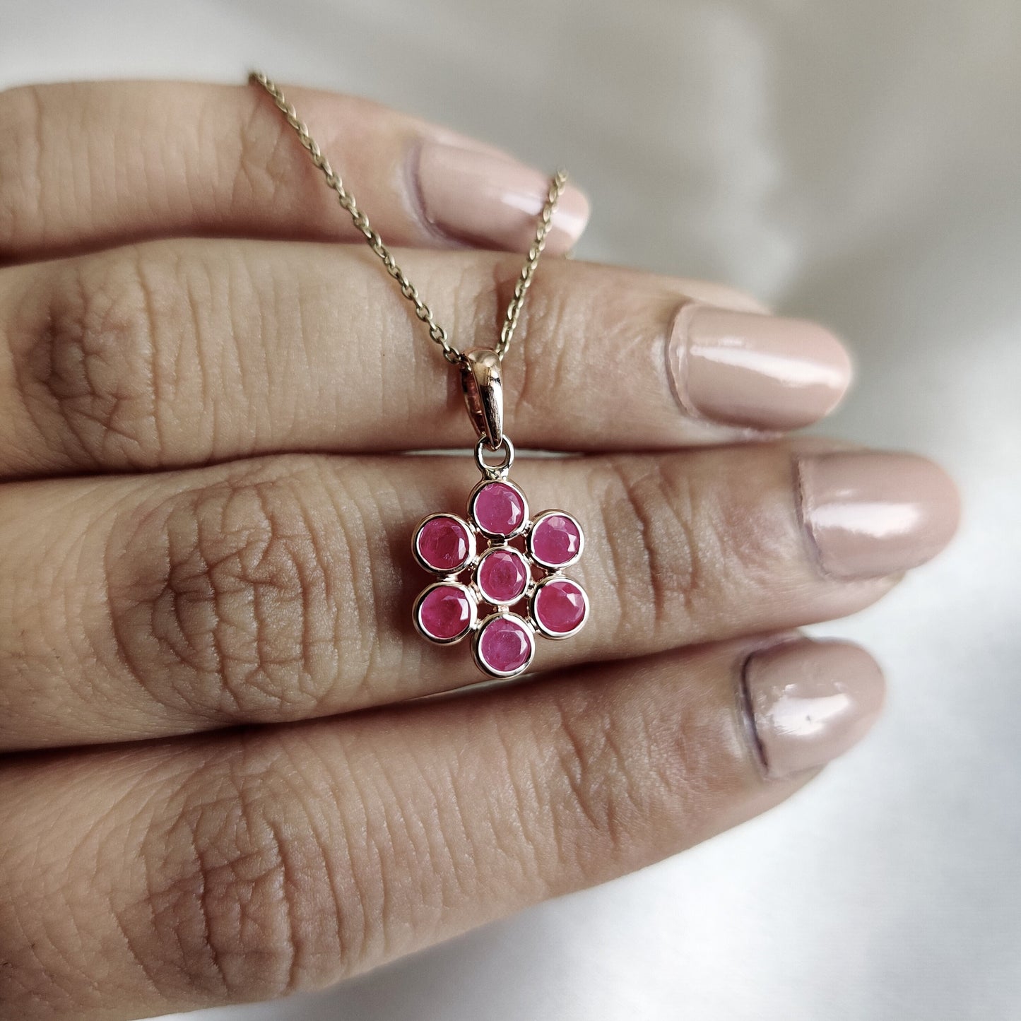 Natural Ruby Pendant, 14K Solid Rose Gold Pendant, July Birthstone Pendant, Dainty Runy Flower Pendant, Ruby Jewelry, Christmas Present