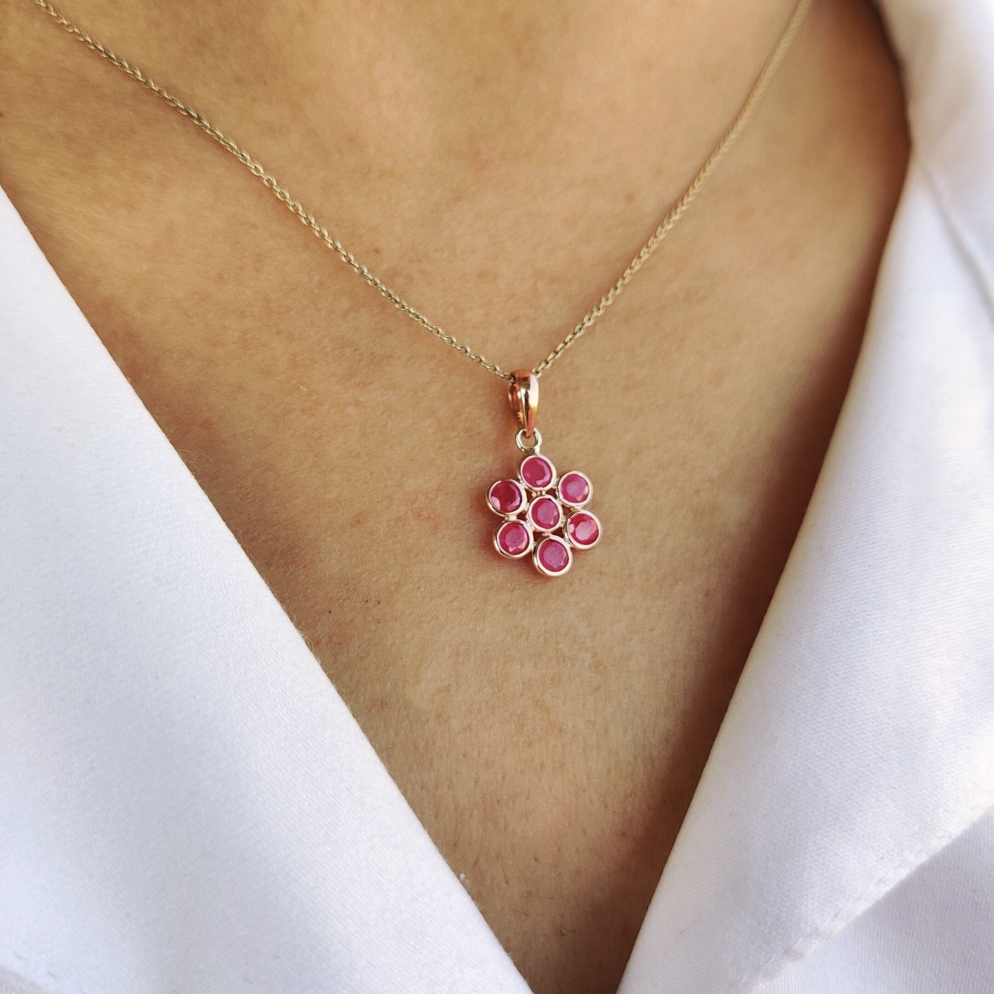 Natural Ruby Pendant, 14K Solid Rose Gold Pendant, July Birthstone Pendant, Dainty Runy Flower Pendant, Ruby Jewelry, Christmas Present