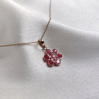 Natural Ruby Pendant, 14K Solid Rose Gold Pendant, July Birthstone Pendant, Dainty Runy Flower Pendant, Ruby Jewelry, Christmas Present